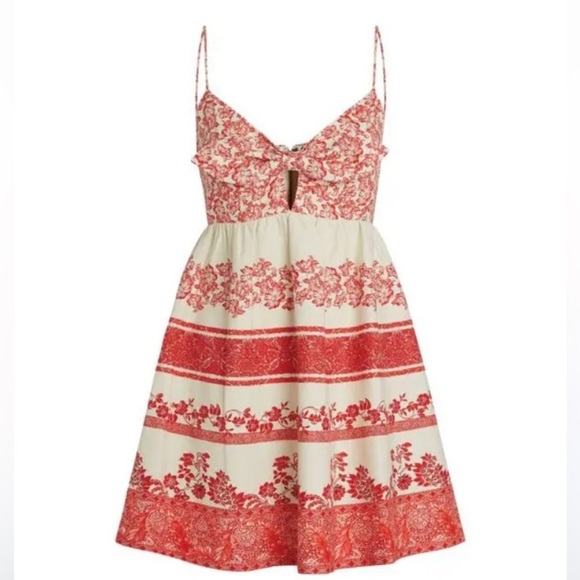 Alice + Olivia Linen Melvina Mini Dress Tie Front Block Print Red Antique White - Picture 4 of 16